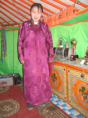 Purple deel on Mongolian woman