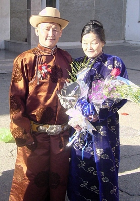 Couple in fancy Mongolian clothing