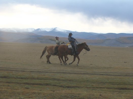 Mongolian horse riders and mountains